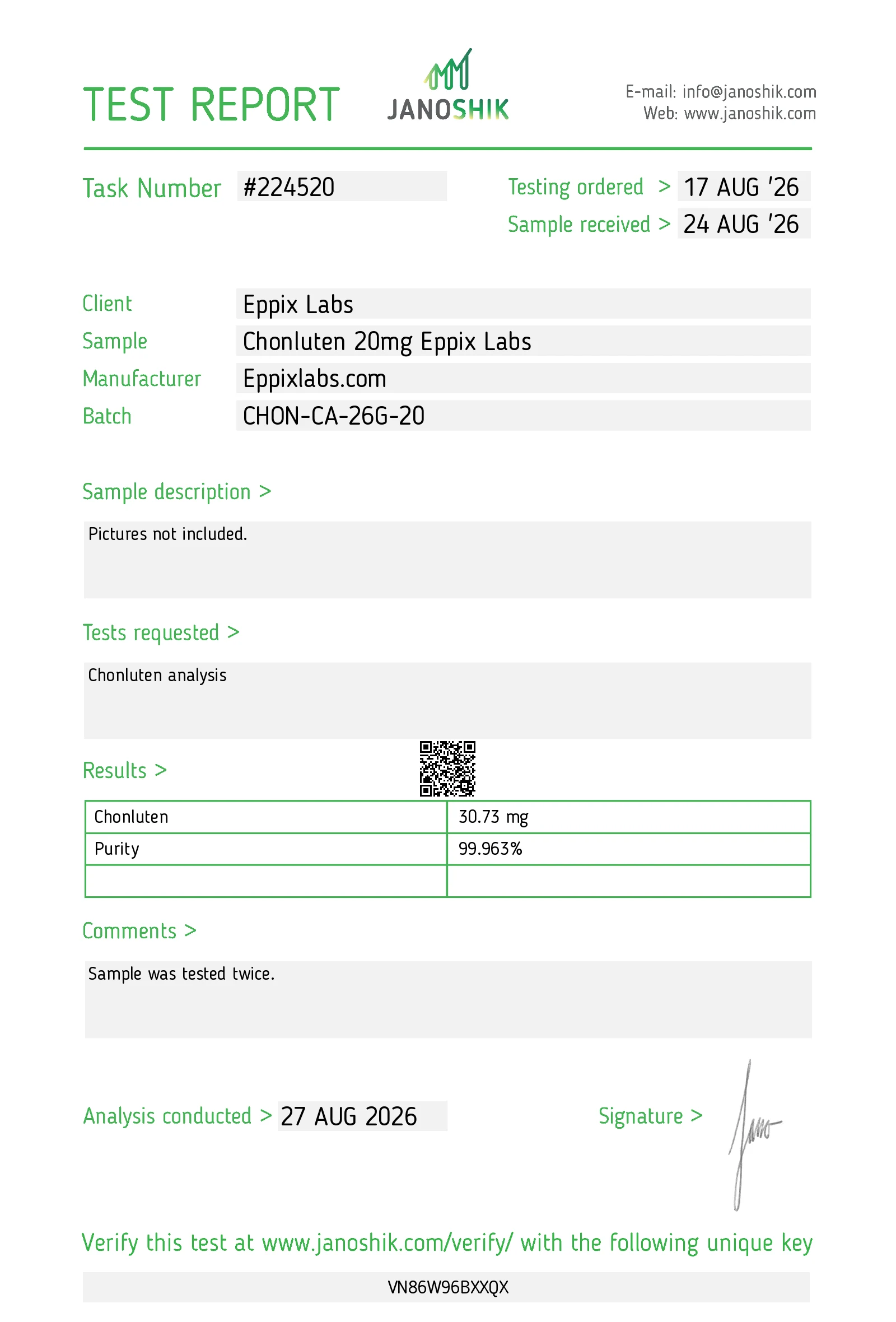 Certificate of Analysis for Chonluten batch CHON-CA-26G-20