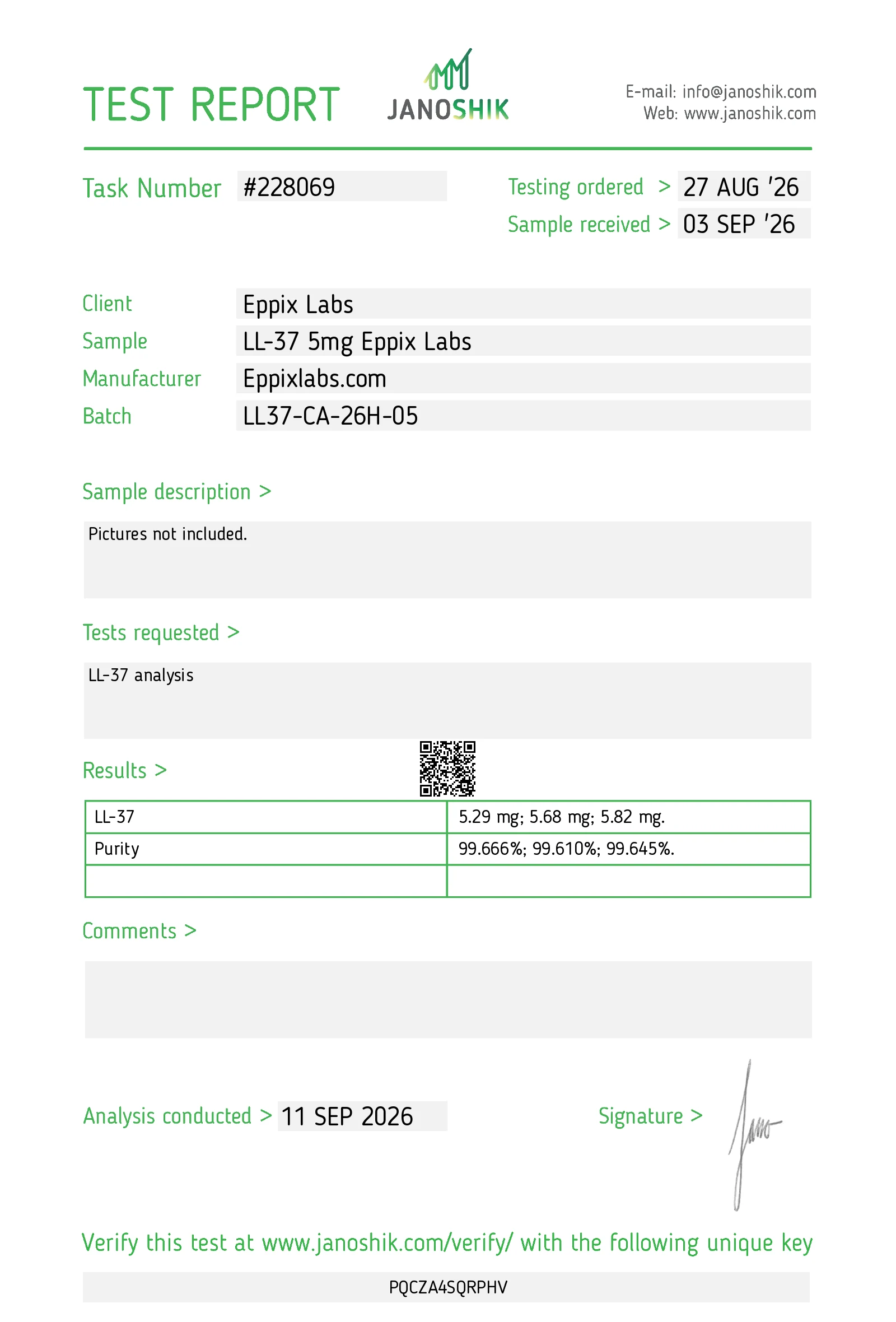 Certificate of Analysis for LL-37 batch LL37-CA-26H-05