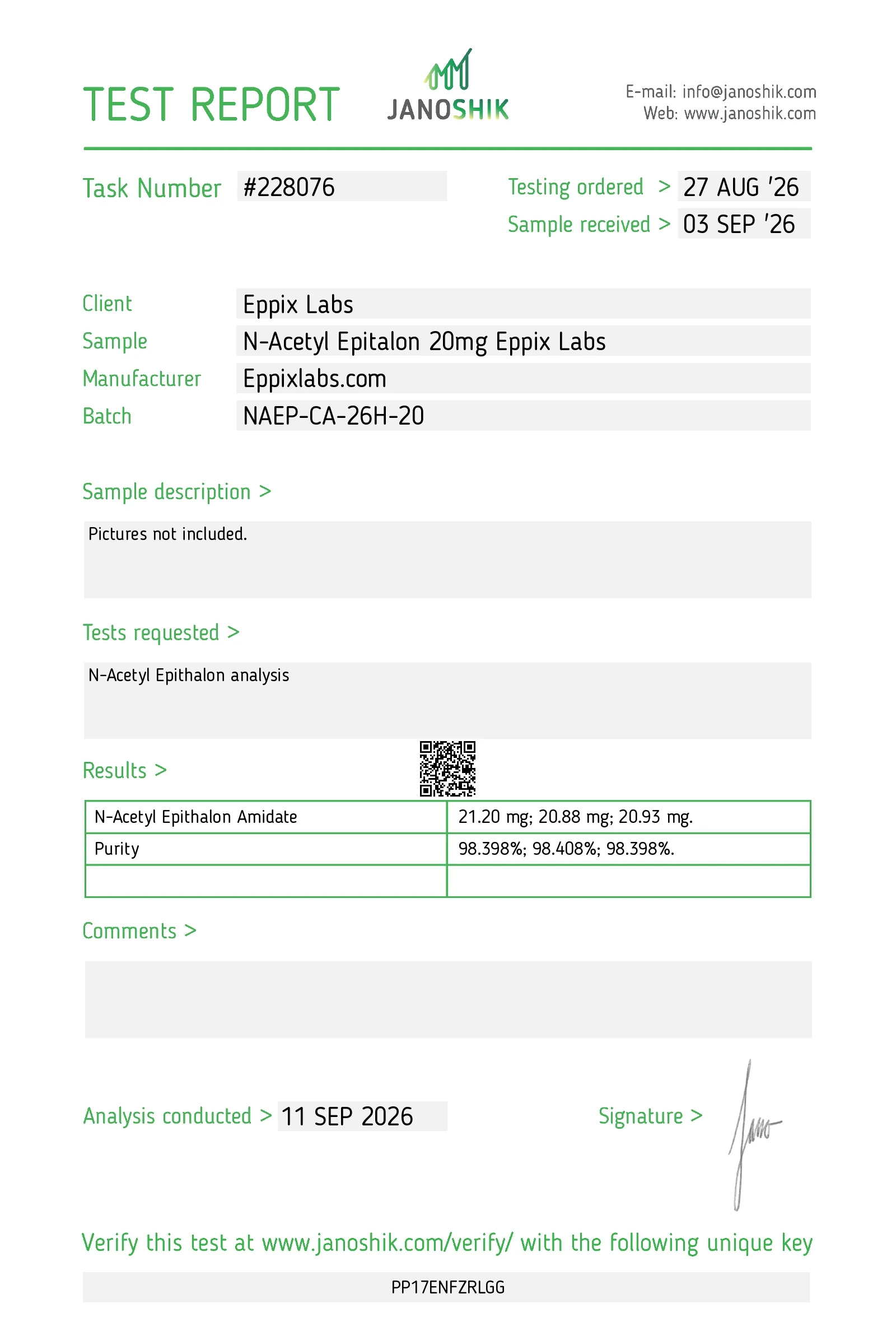 Certificate of Analysis for N-Acetyl Epitalon batch NAEP-CA-26H-20