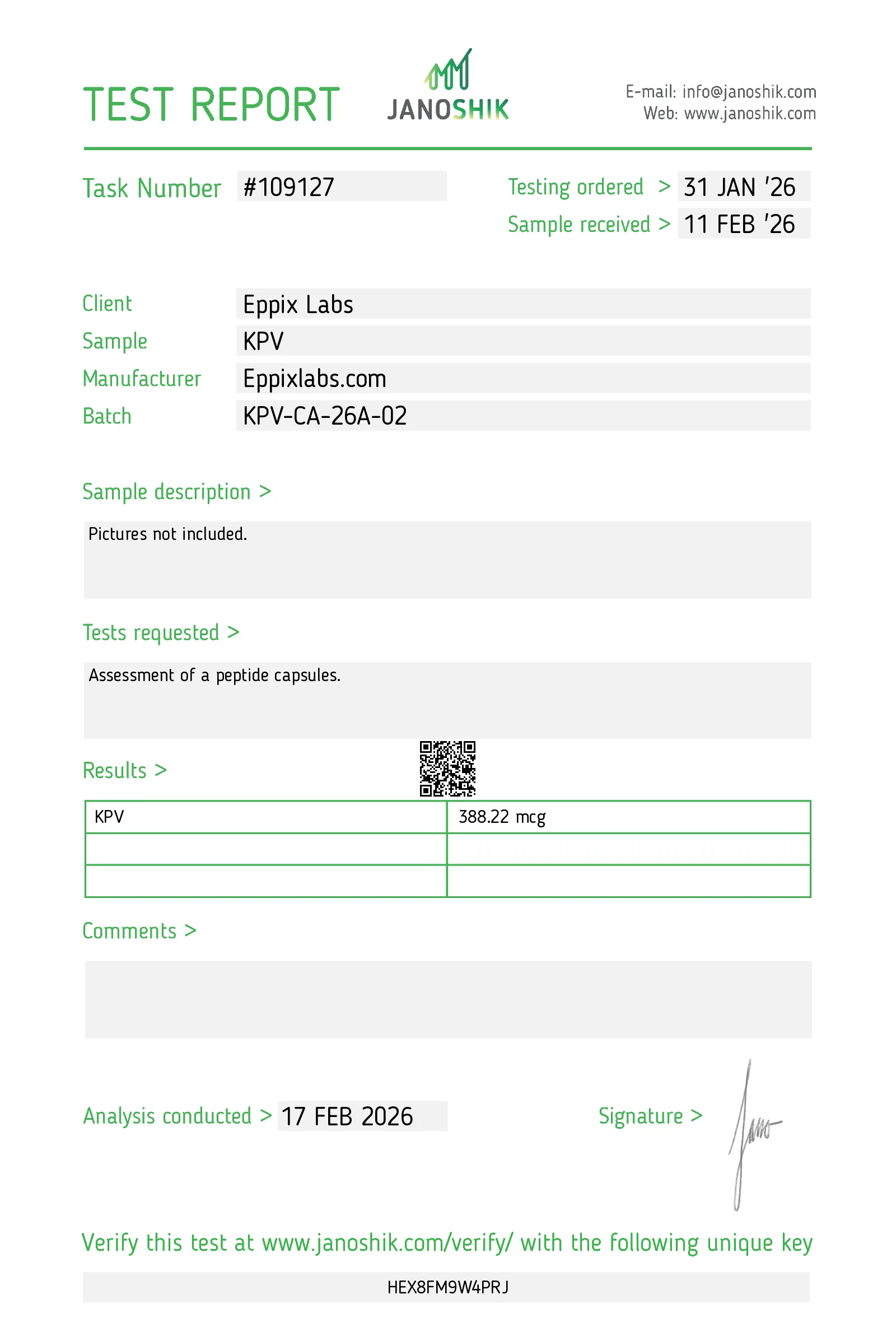 Certificate of Analysis for KPV Capsules 500mcg