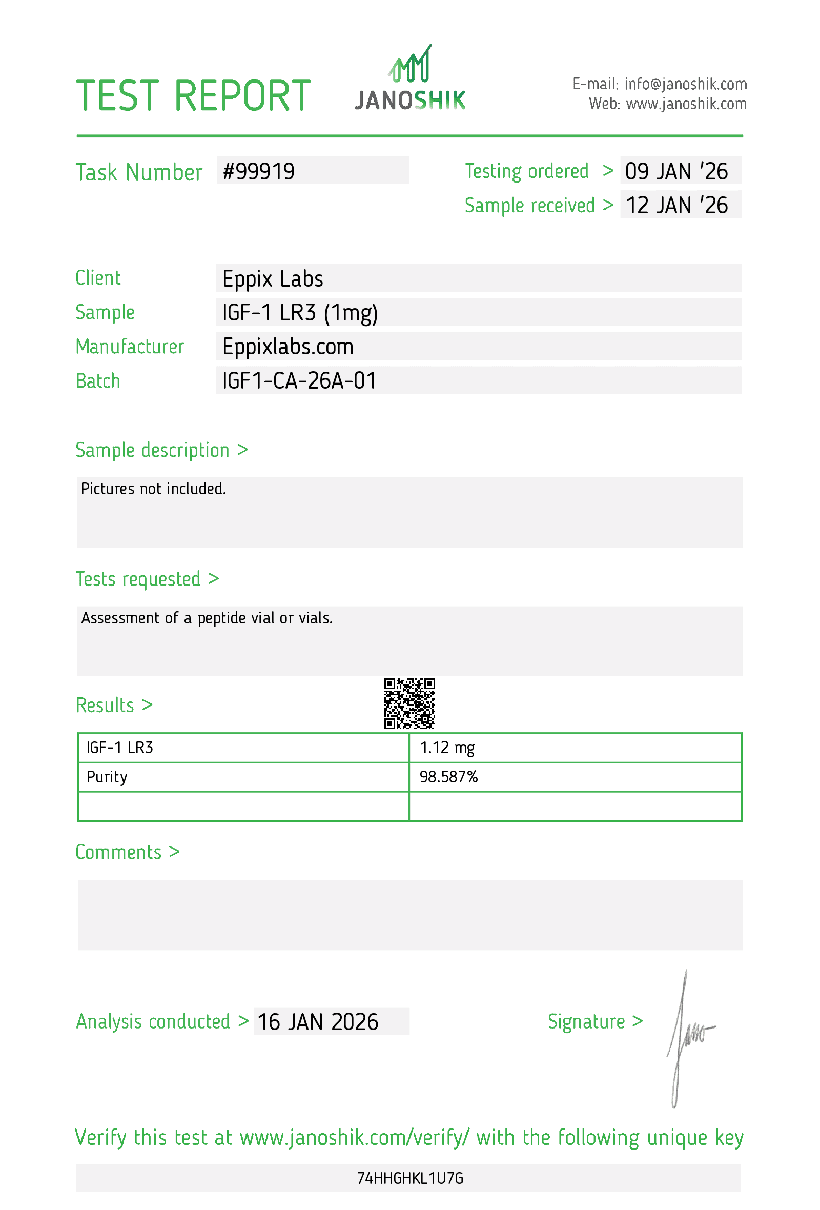 Certificate of Analysis for IGF-1 LR3 batch IGF1-CA-26A-01