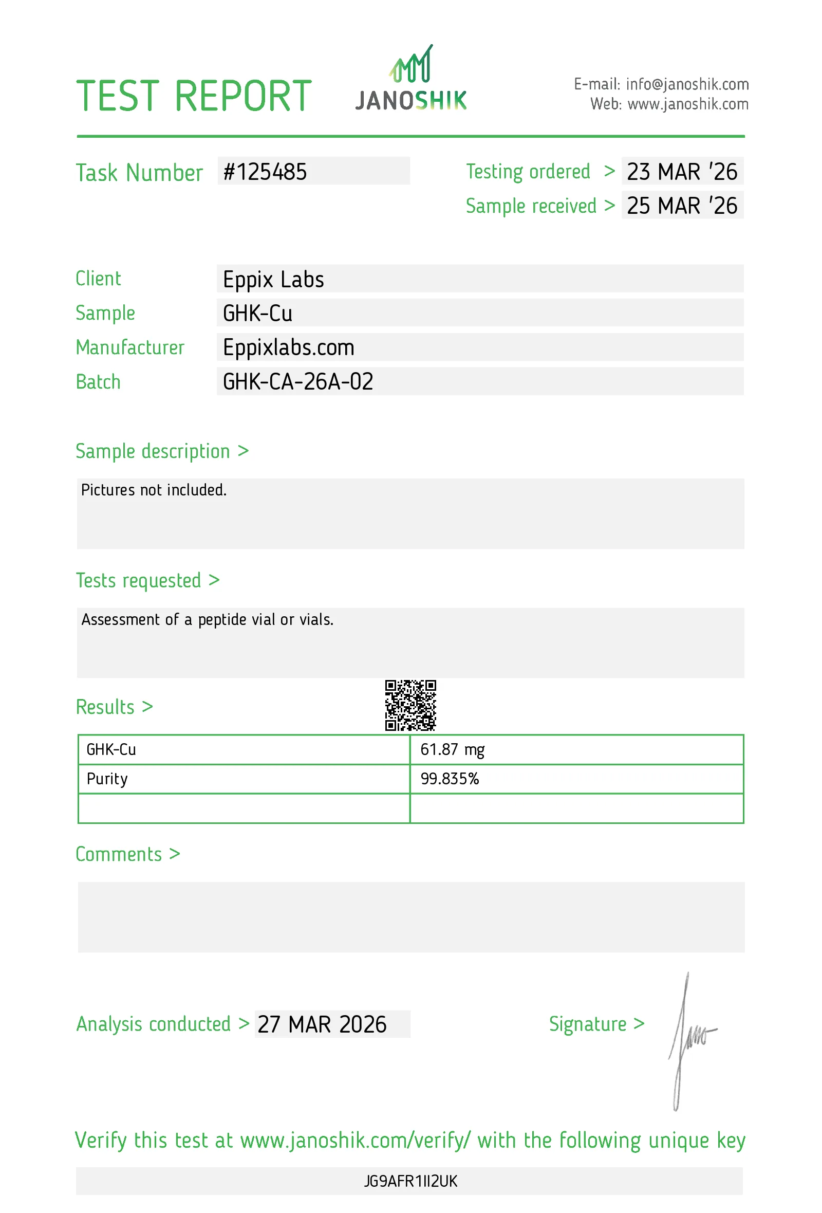 Certificate of Analysis for GHK-Cu 50mg