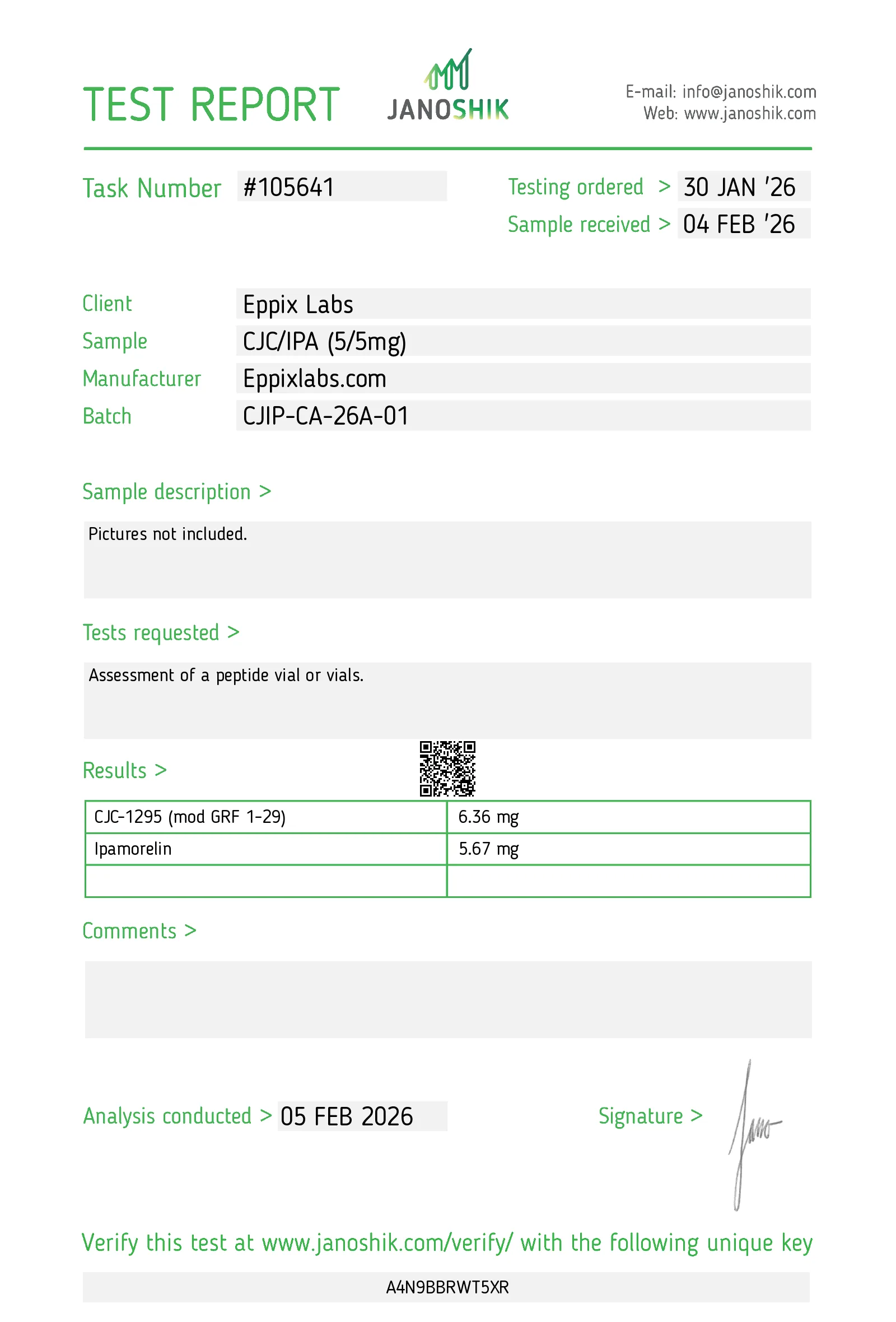 Certificate of analysis for CJC-1295 + Ipamorelin 5mg, batch CJIP-CA-26A-01, CJC-1295 6.36 mg / Ipamorelin 5.67 mg measured content