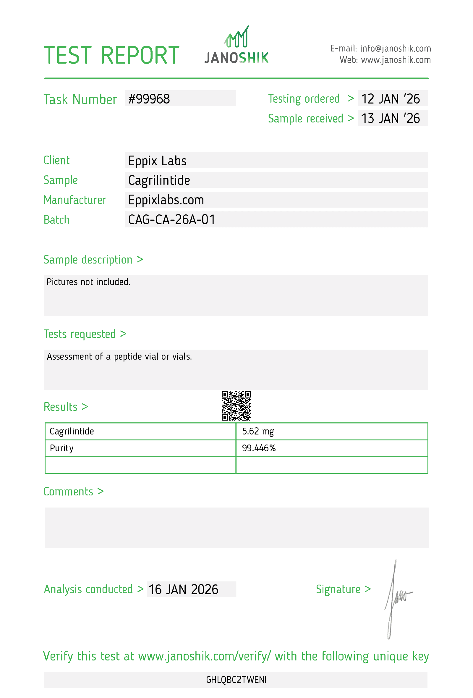Certificate of analysis for Cagrilintide 5mg, batch CAG-CA-26A-01, 99.446% purity, 5.62 mg measured content