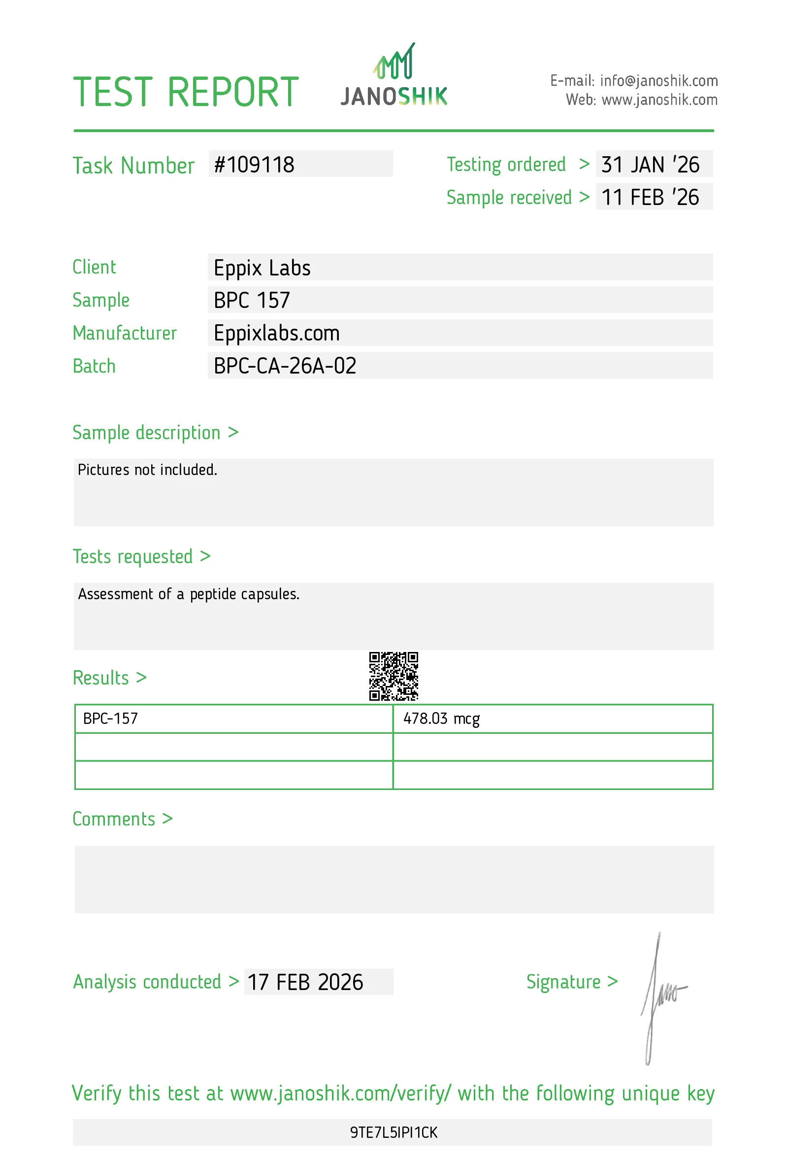Certificate of Analysis for BPC-157 Capsules 500mcg