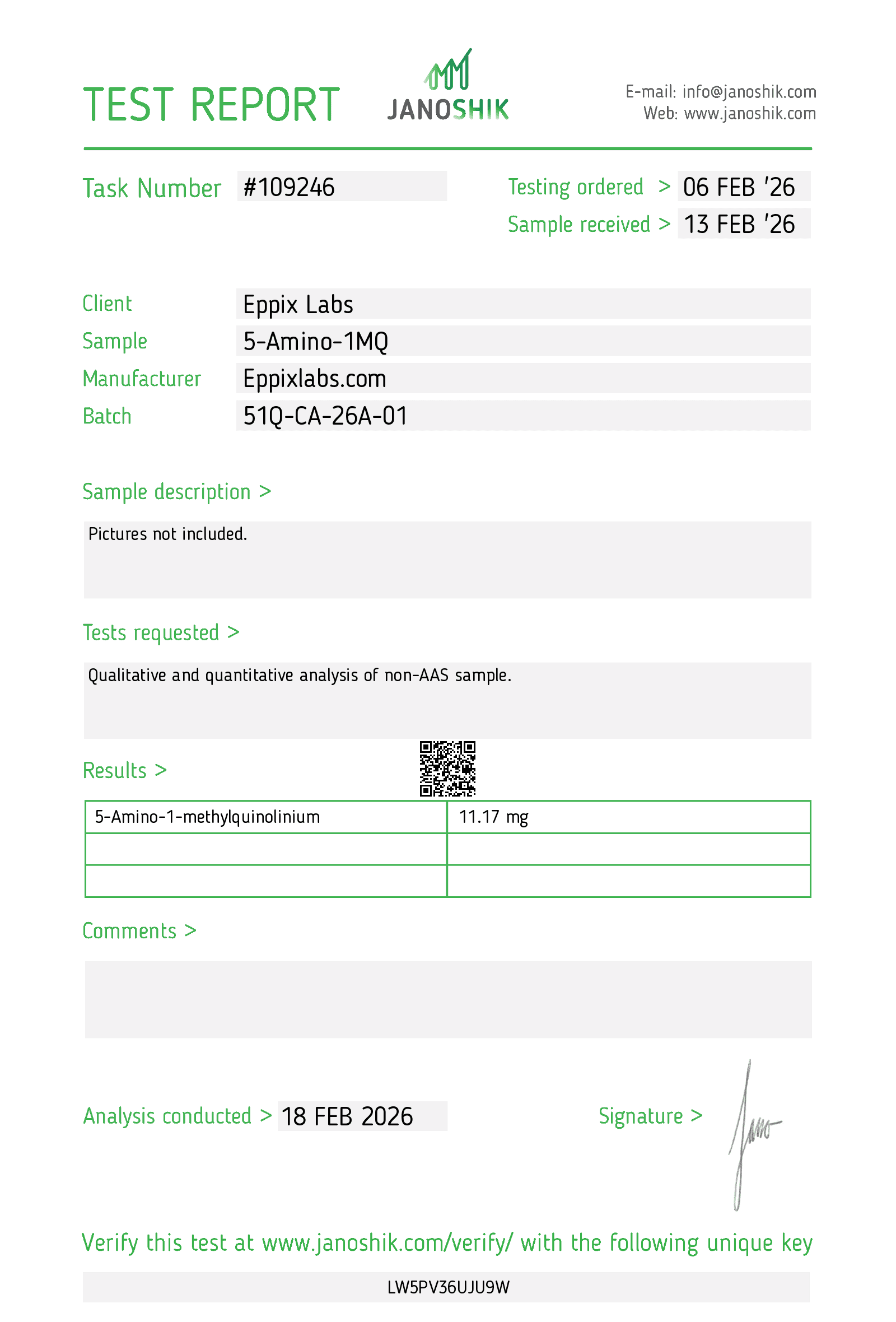 Certificate of Analysis for 5-Amino-1MQ 10mg