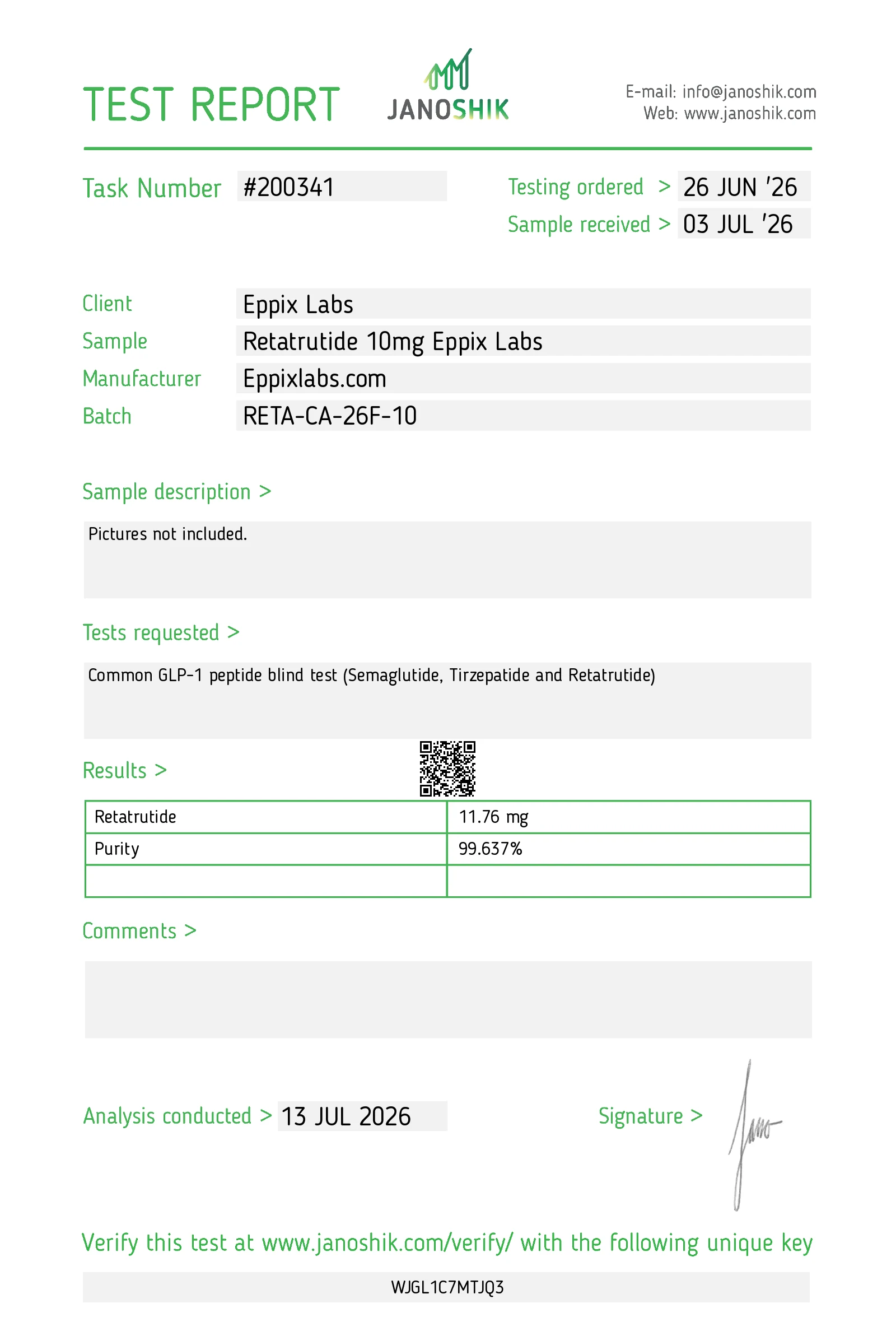 Certificate of Analysis for Retatrutide (Triple Agonist) 10mg