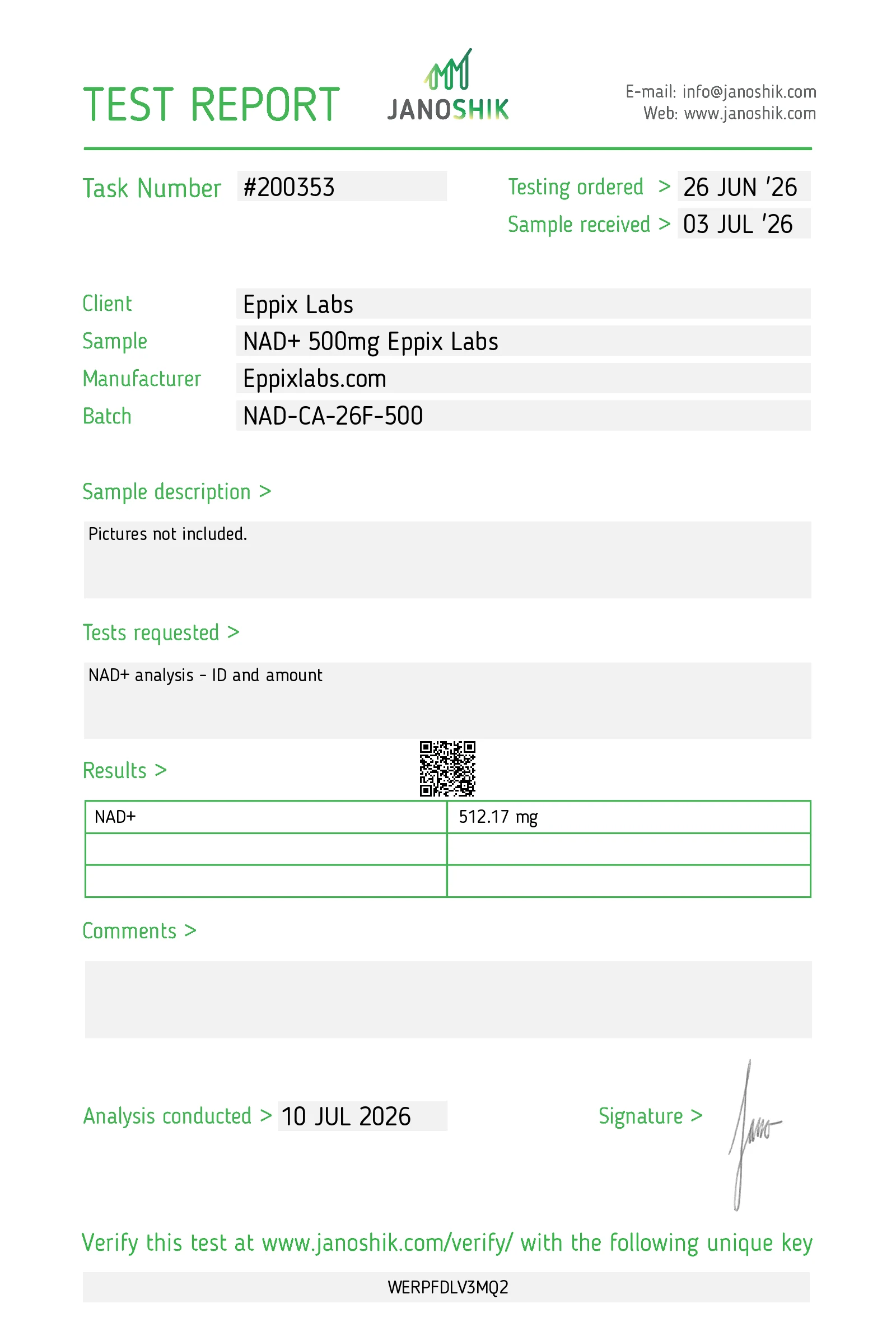 Certificate of analysis for NAD+ 500mg, batch NAD-CA-26A-01, 512.17 mg measured content