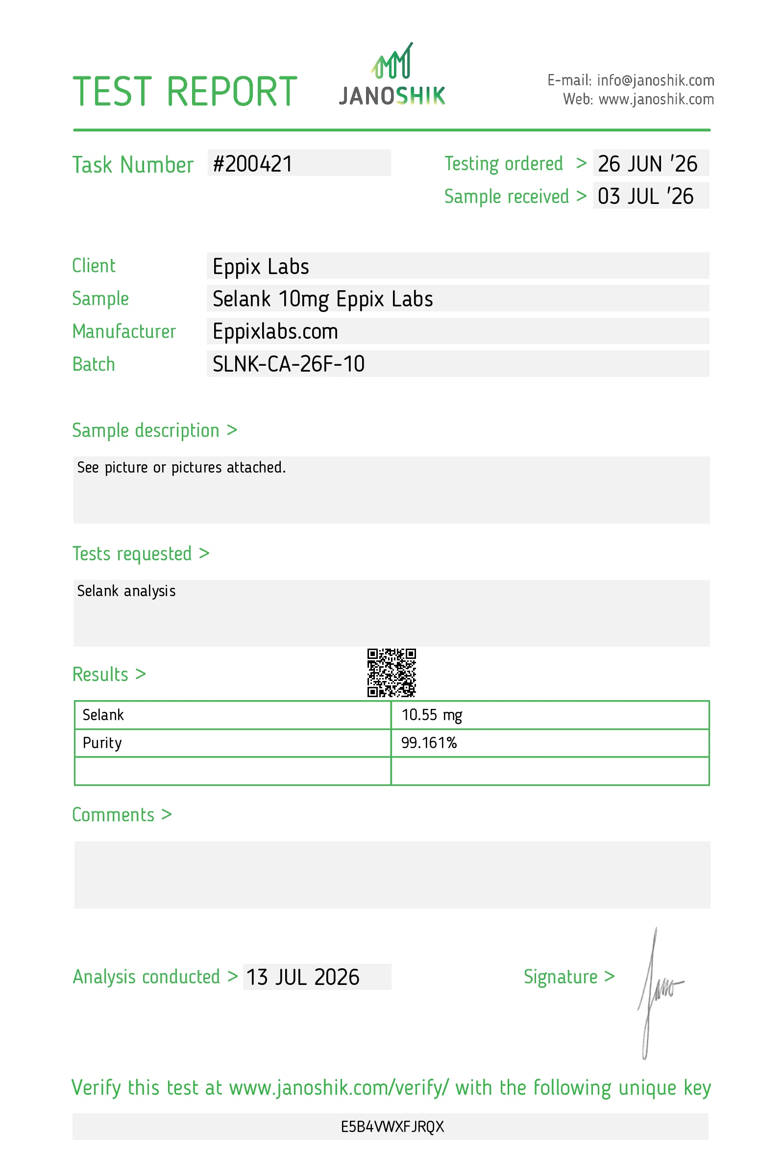 Certificate of analysis for Selank 10mg, batch SEL-CA-26A-01, 99.161% purity, 10.55 mg measured content
