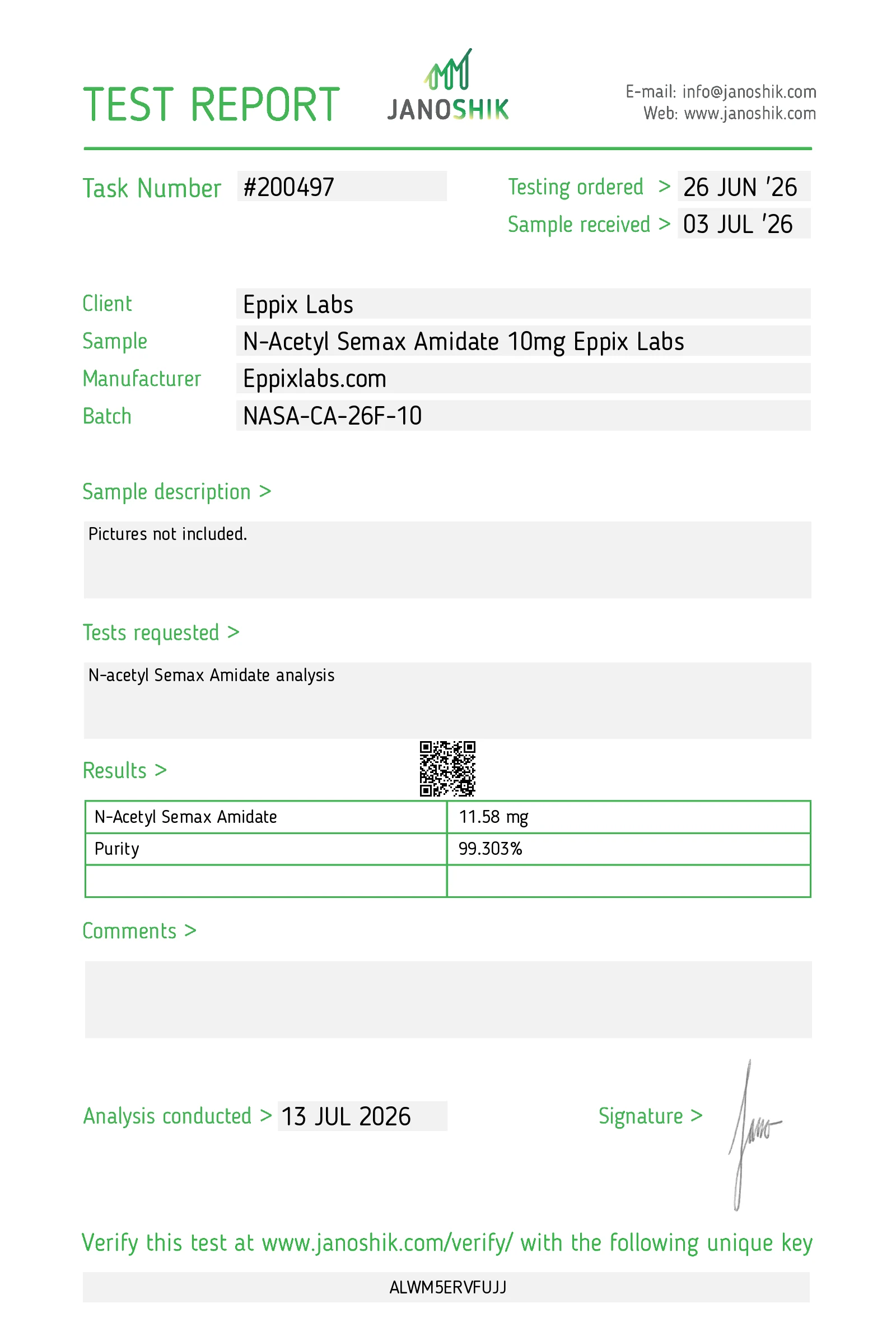 Certificate of Analysis for N-Acetyl Semax 10mg