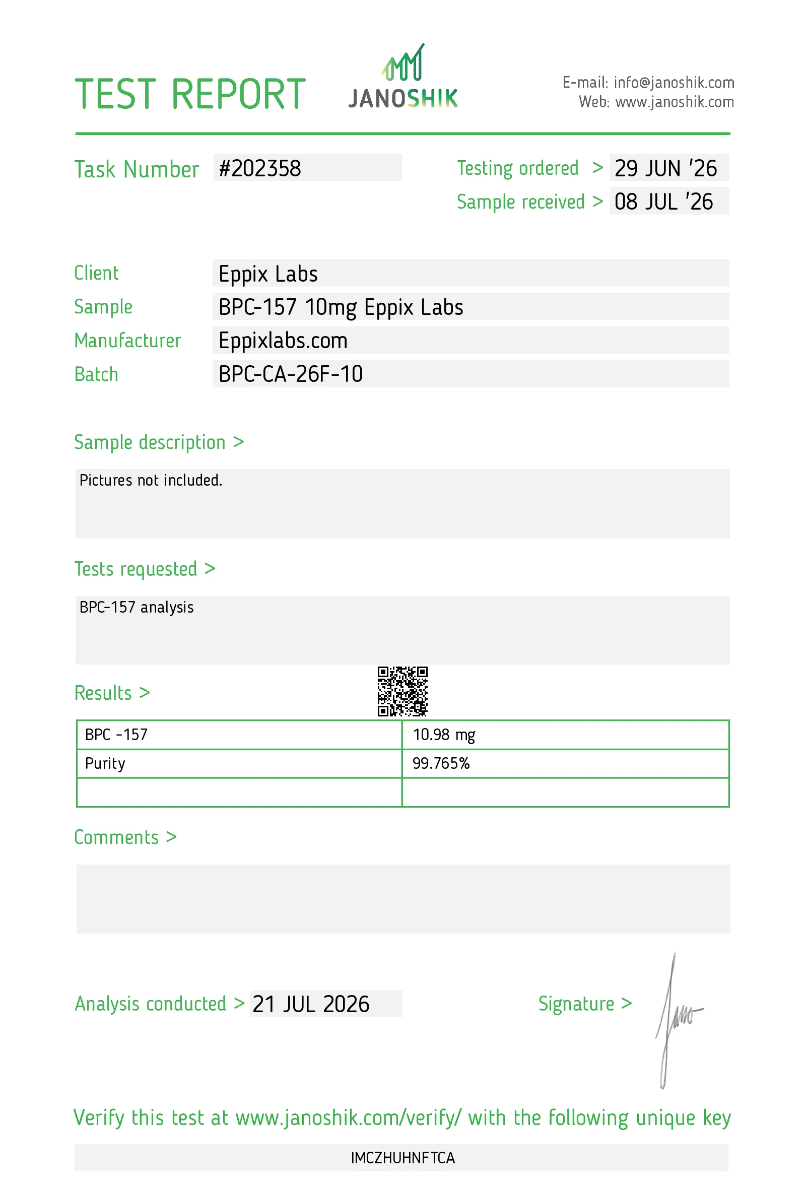 Certificate of analysis for BPC-157 10mg, batch BPC-CA-25L-01, 99.765% purity, 10.98 mg measured content