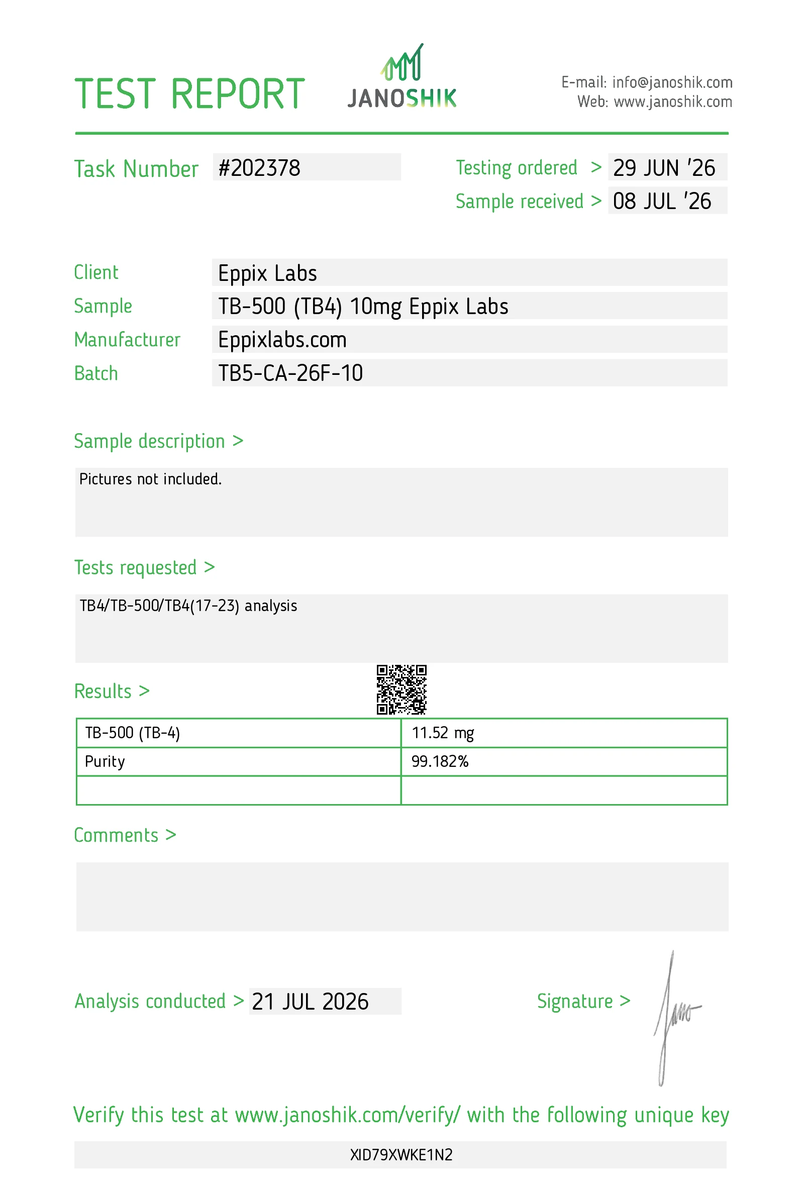 Certificate of Analysis for TB-500 10mg