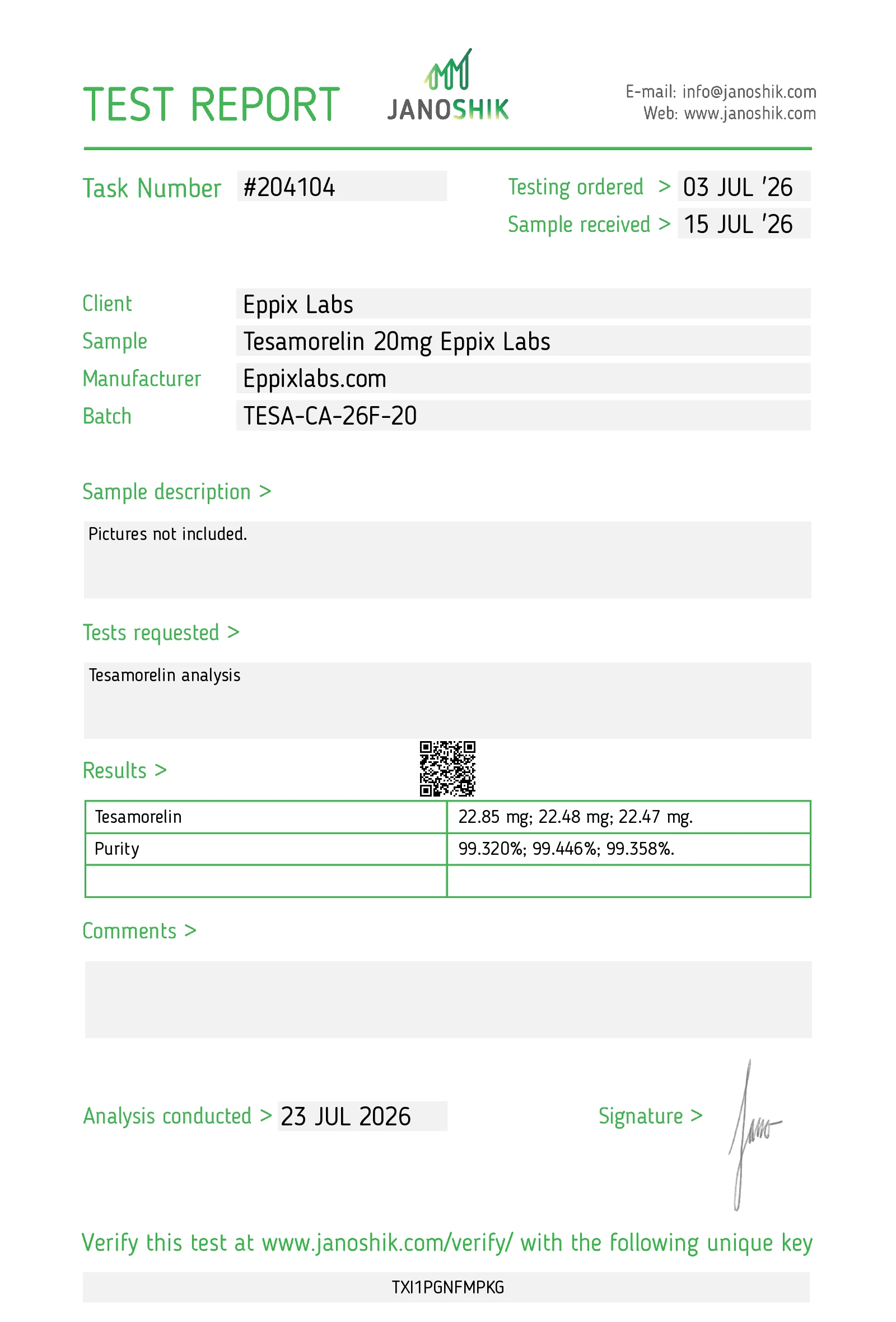 Certificate of Analysis for Tesamorelin 20mg batch TESA-CA-26F-20