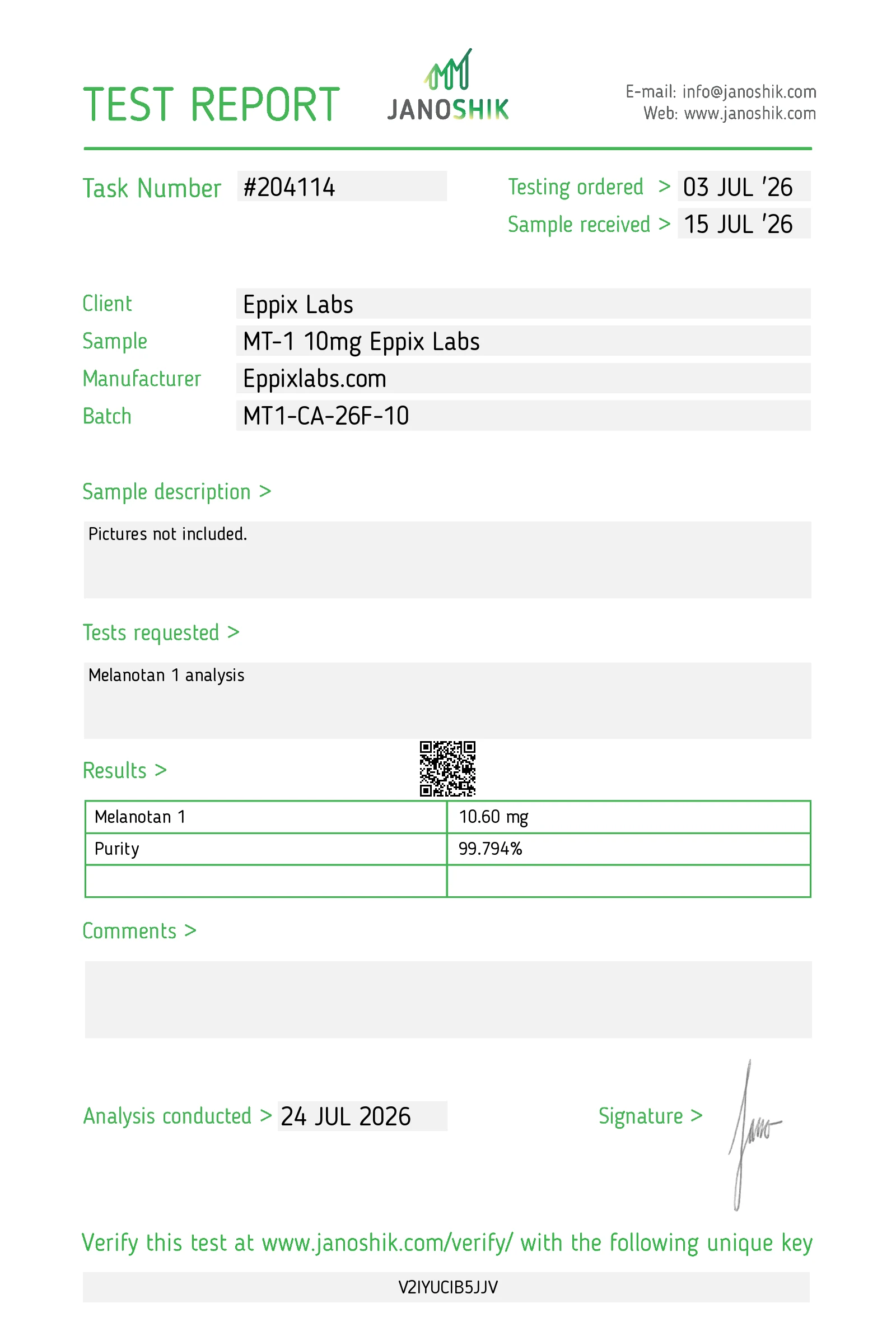 Certificate of Analysis for Melanotan-1 10mg