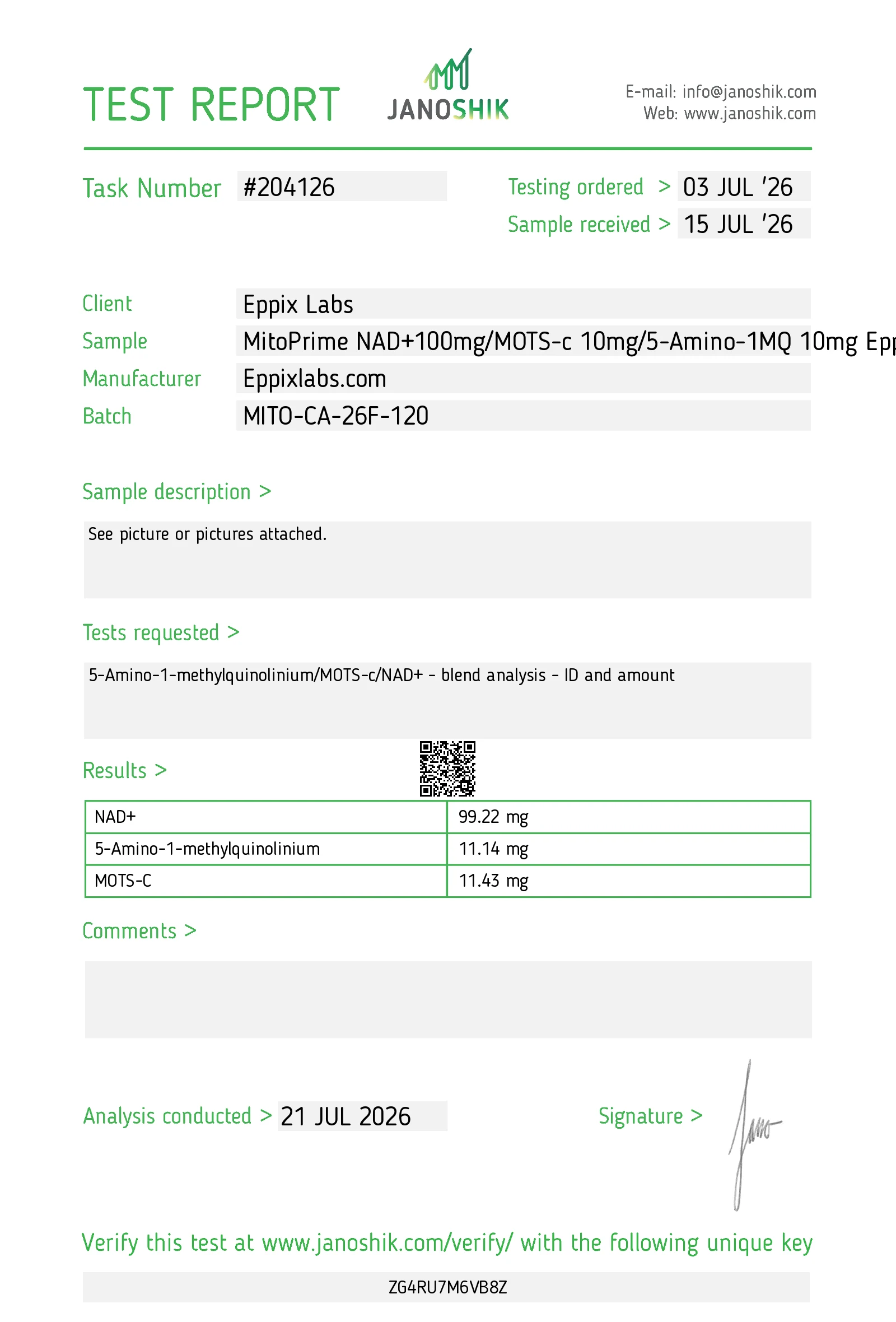 Certificate of Analysis for NAD+ 100mg/ Mots-C 10mg/ 5-Amino-1mq 10mg 120mg