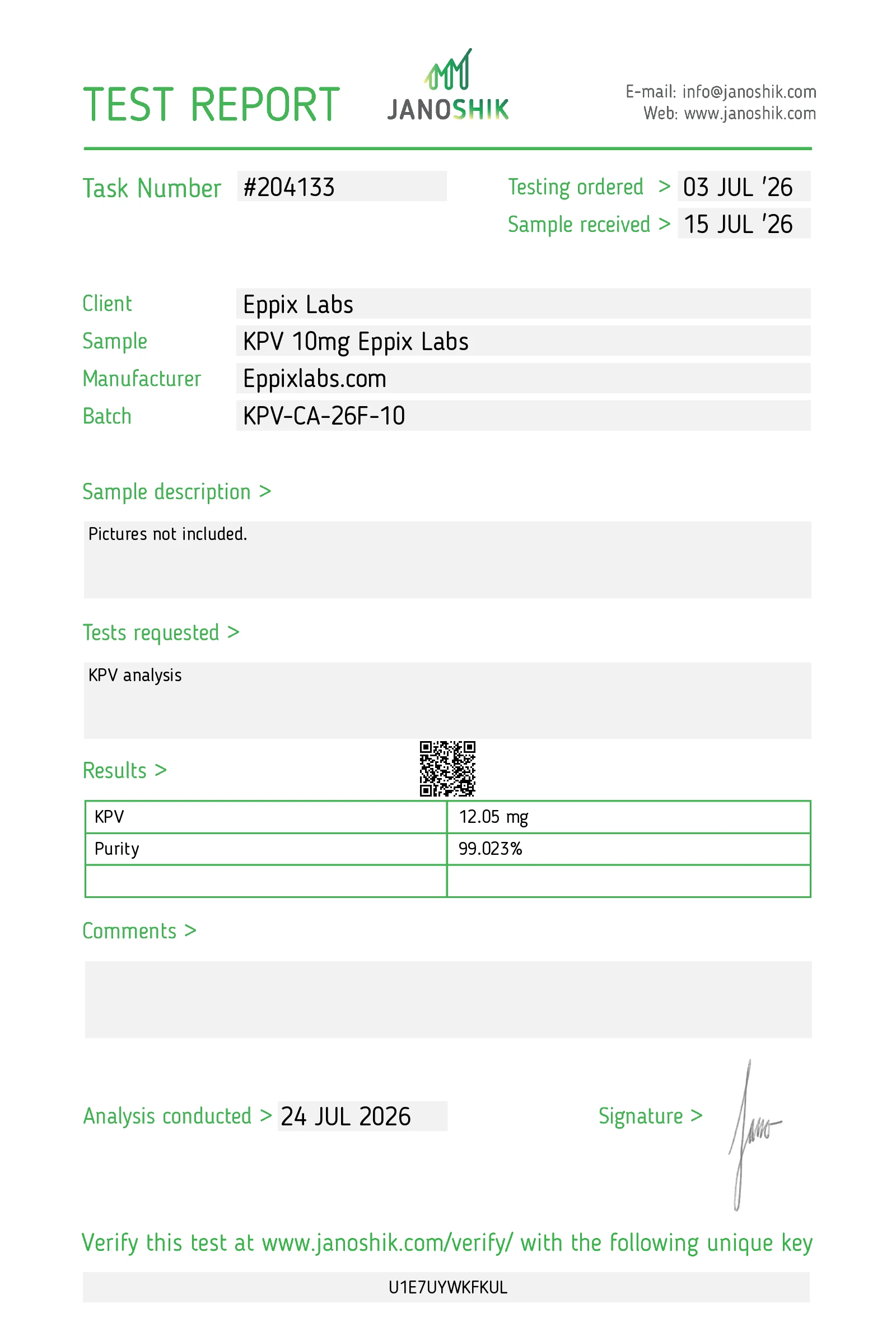 Certificate of Analysis for KPV 10mg