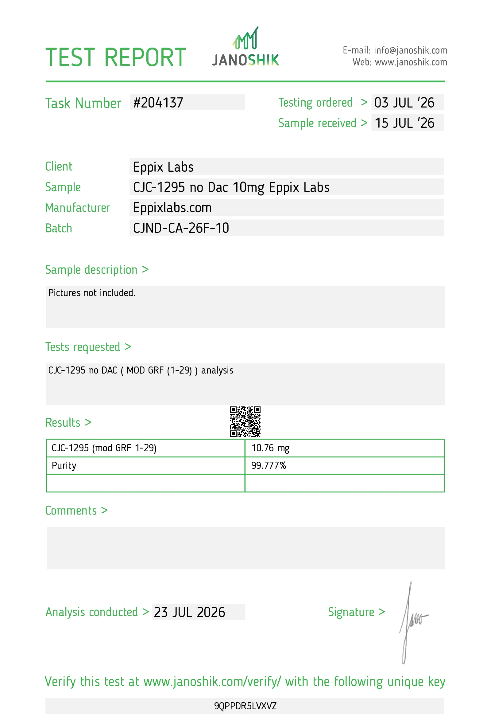 Certificate of Analysis for CJC-1295 (No DAC) 10mg