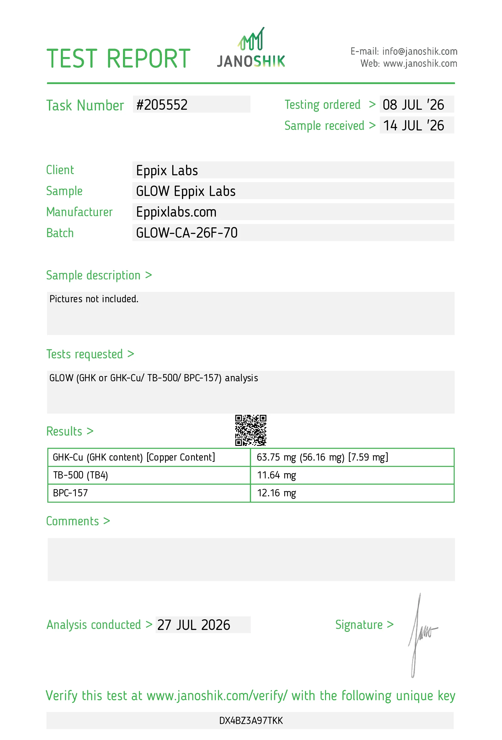 Certificate of Analysis for GLOW 70mg