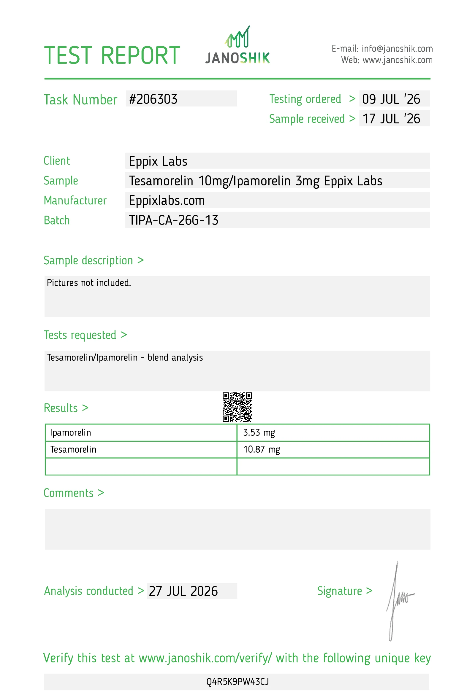 Certificate of Analysis for Tesamorelin 10mg / Ipamorelin 3mg Blend 13mg