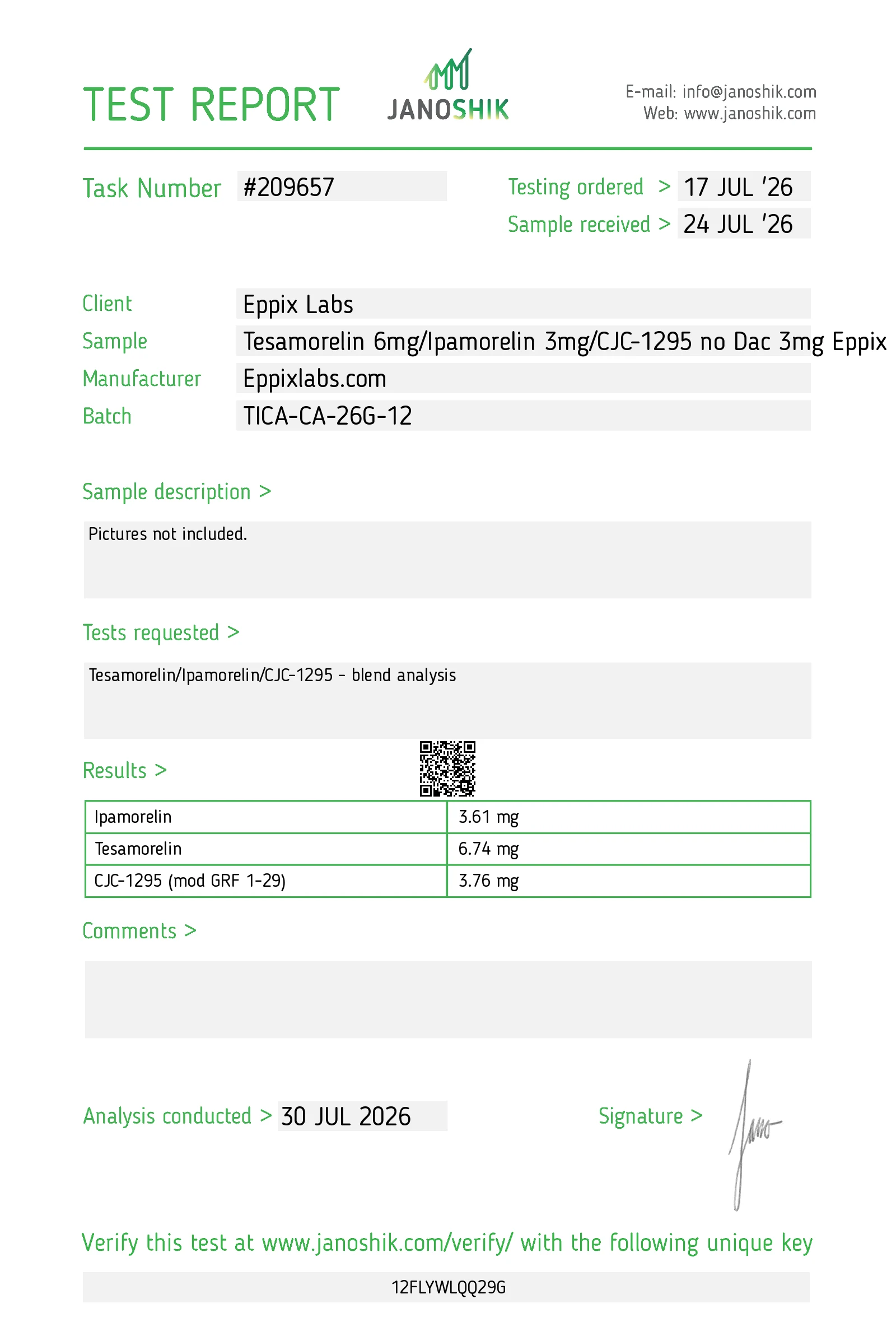 Certificate of Analysis for Tesamorelin 6mg/ Ipamorelin 3mg/ CJC-1295 no Dac 3mg 12mg