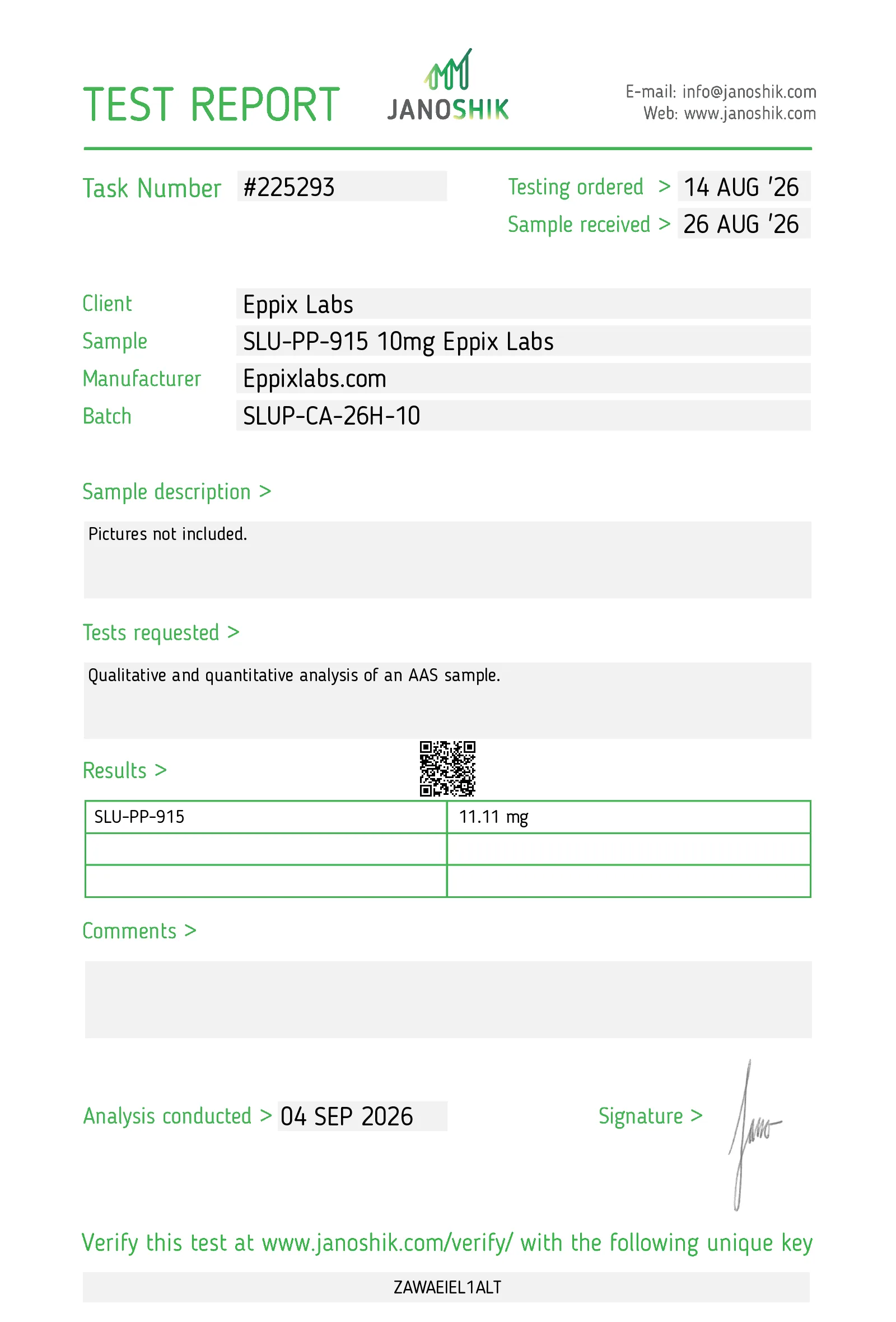 Certificate of Analysis for SLU-PP-915 Capsules batch SLUP-CA-26H-10