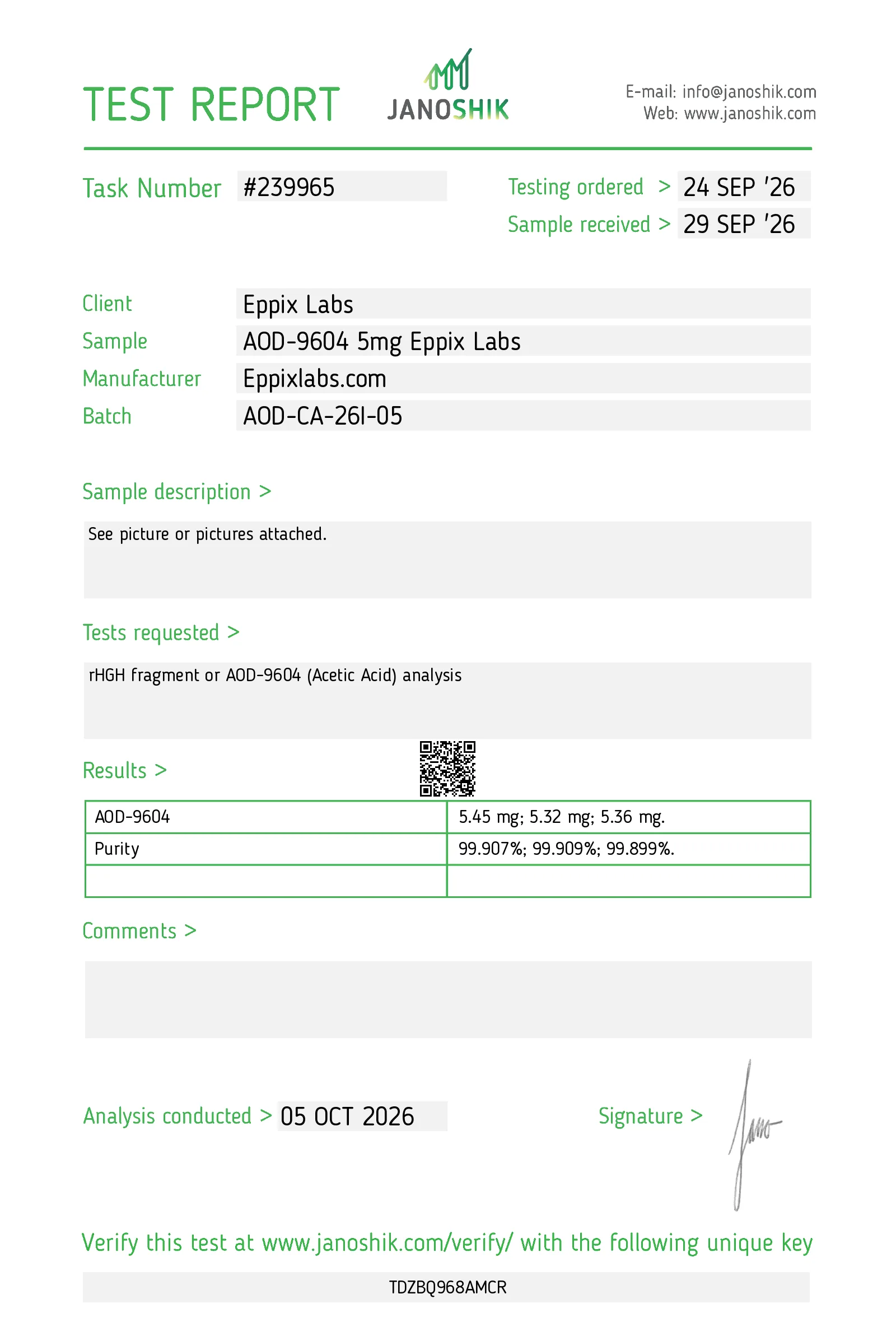 Certificate of Analysis for AOD-9604 batch AOD-CA-26I-05
